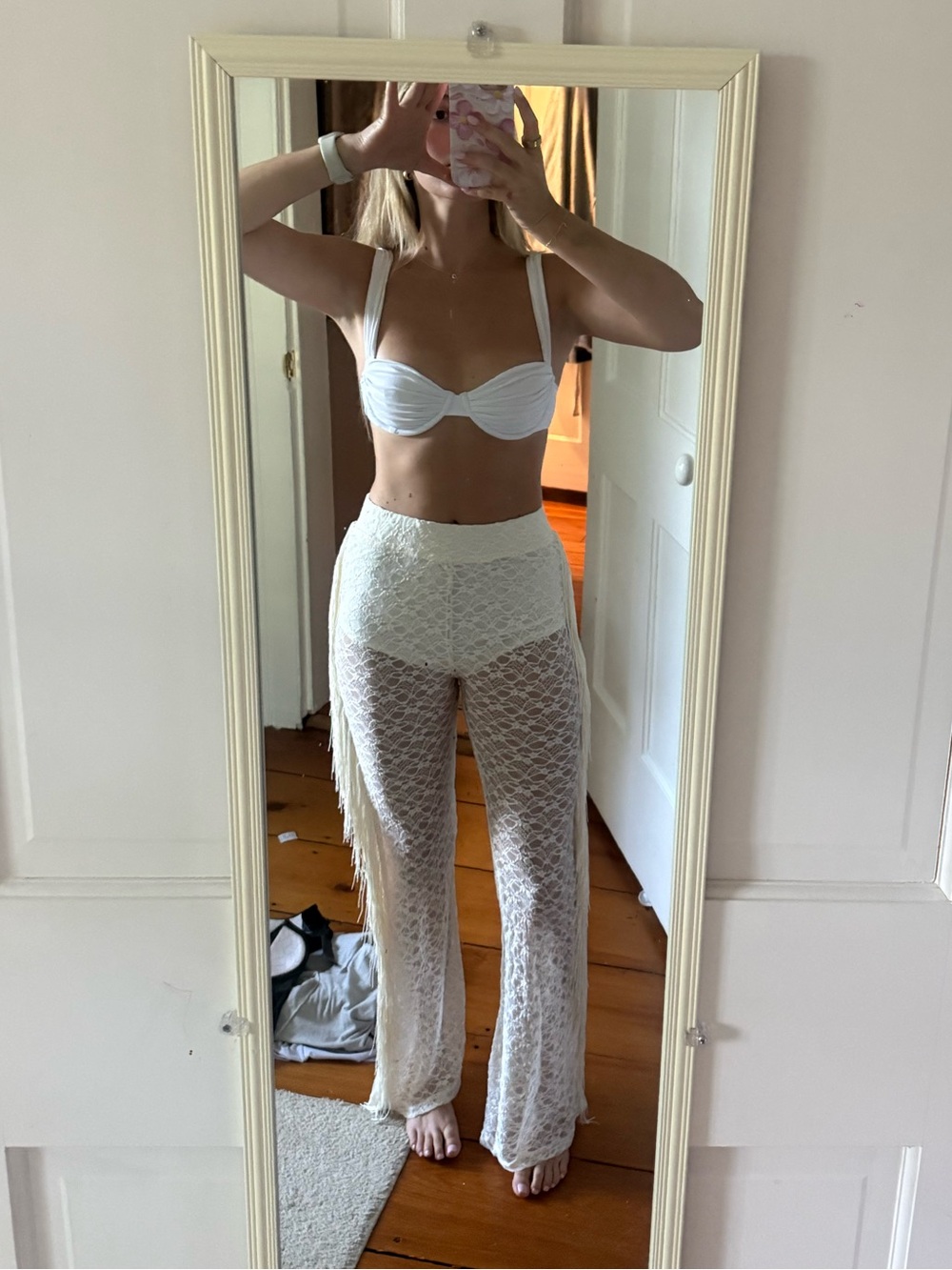 12th Tribe White Crochet Fringe Wide Leg Pants - Picture 3 of 4